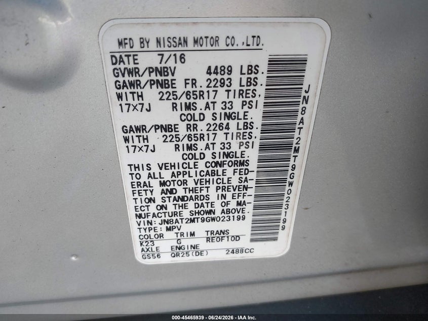 2016 Nissan Rogue VIN JN8AT2MT9GW023199 IAAI salvage auction — LEFT FRONT, Salvage (North Carolina), sold $800 on 2026-07-10 (photo 9)