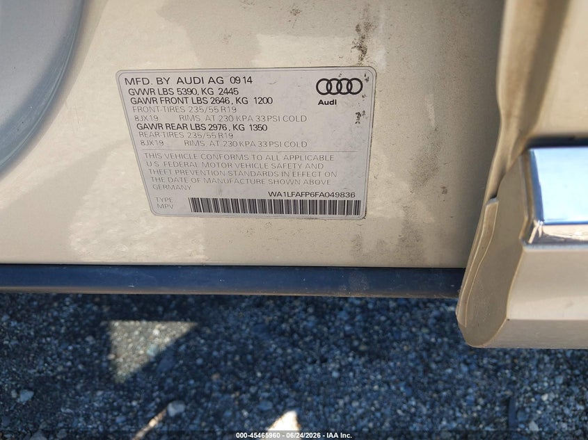 2015 Audi Q5 VIN WA1LFAFP6FA049836 IAAI salvage auction — REAR END, Salvage - Greater Than 75% (Maryland), sold $975 on 2026-07-30 (photo 9)