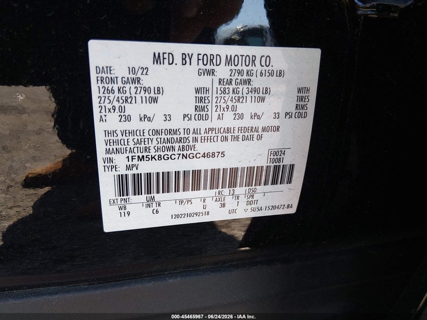 2022 Ford Explorer VIN 1FM5K8GC7NGC46875 IAAI salvage auction — FRONT END, Salvage Title, sold $11,600 on 2026-07-30 (photo 9)