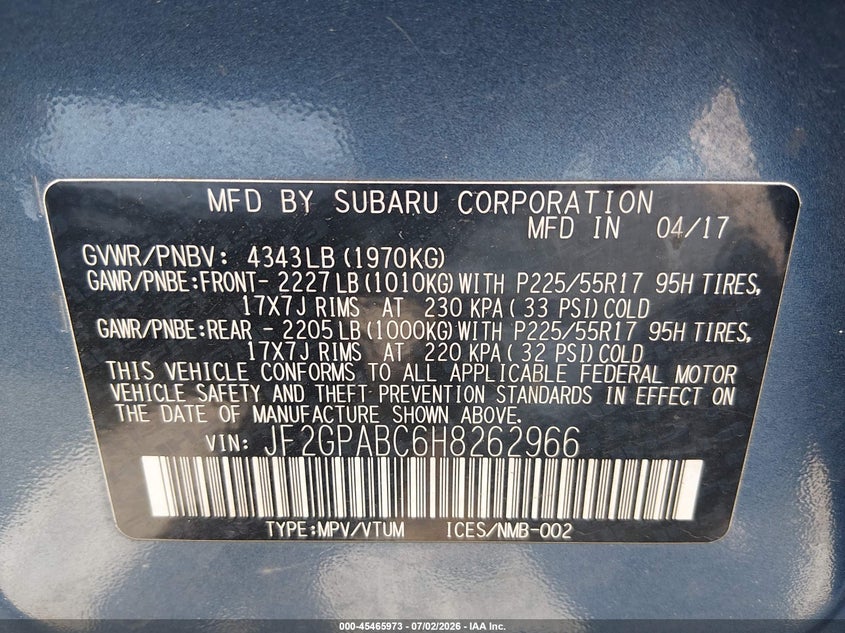 2017 Subaru Xv VIN JF2GPABC6H8262966 IAAI salvage auction — HAIL, Salvage (West Virginia), sold $1,550 on 2026-07-30 (photo 9)