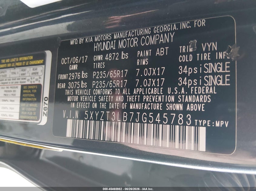 2018 Hyundai Santa fe VIN 5XYZT3LB7JG545783 IAAI salvage auction — REAR END, Wait Title, sold $2,500 on 2026-08-03 (photo 9)