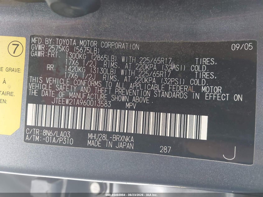 2006 Toyota Highlander hybrid VIN JTEEW21A960013583 IAAI salvage auction — NORMAL WEAR, Clear - Dealer Only (California), sold $925 on 2026-07-09 (photo 9)