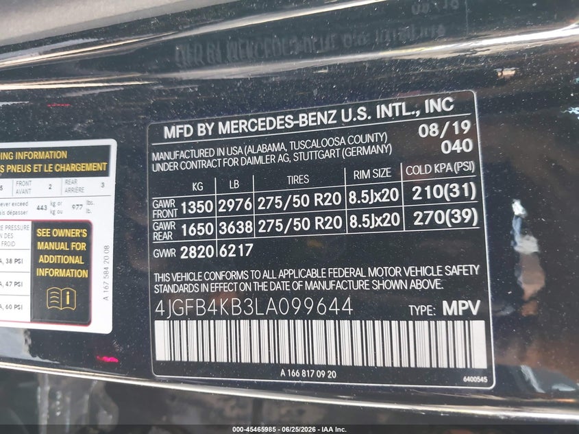 2020 Mercedes-benz Gle VIN 4JGFB4KB3LA099644 IAAI salvage auction — FRONT END, Clear (Oklahoma), sold $16,600 on 2026-08-20 (photo 9)