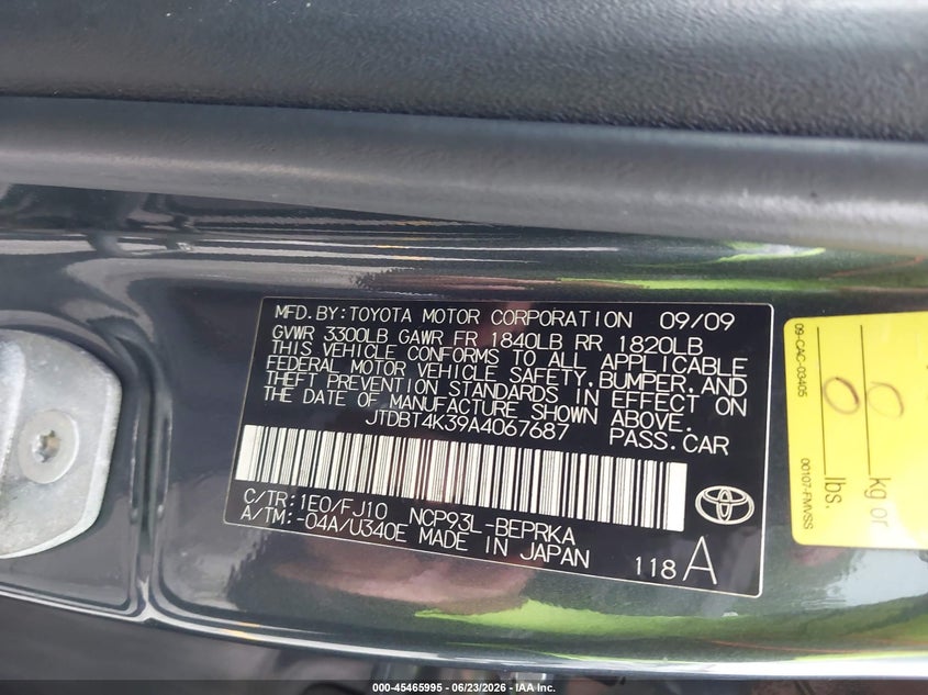 2010 Toyota Yaris VIN JTDBT4K39A4067687 IAAI salvage auction — NORMAL WEAR, Clear (Florida), sold $700 on 2026-07-29 (photo 9)