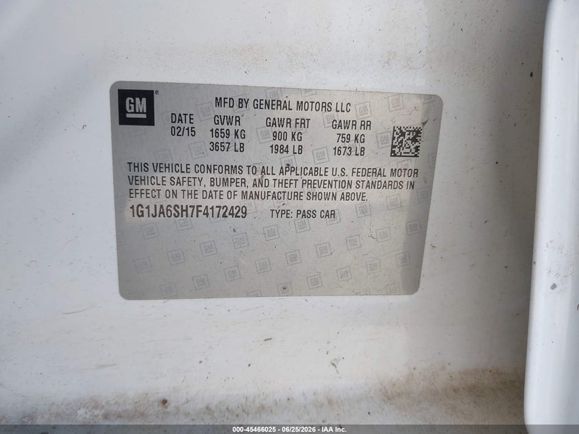 2015 Chevrolet SONIC VIN 1G1JA6SH7F4172429 IAAI salvage auction — NORMAL WEAR, Clear (Texas), sold $825 on 2026-07-09 (photo 9)