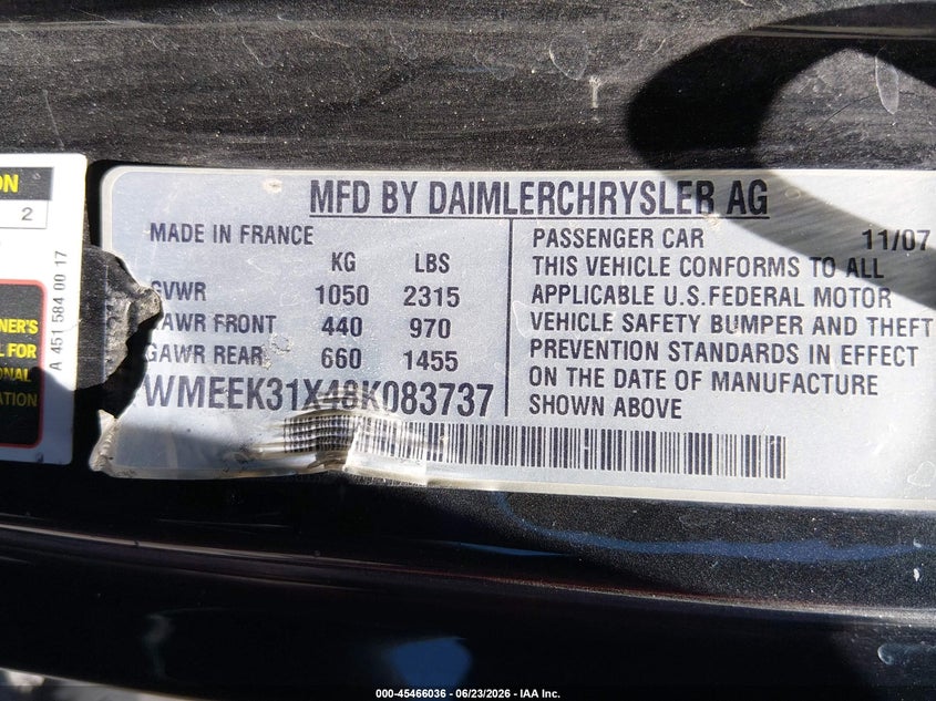 2008 Smart Fortwo VIN WMEEK31X48K083737 IAAI salvage auction — NORMAL WEAR, Clear (California), sold $1,050 on 2026-07-10 (photo 9)