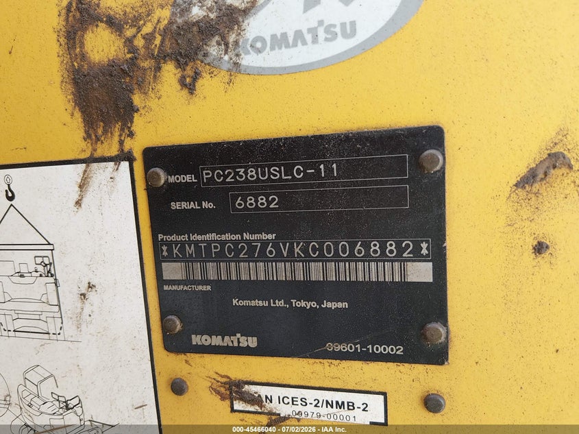 2020 Komatsu Pc238us lc-11 excavator VIN KMTPC276VKC006882 IAAI salvage auction — ROLLOVER, Bill Of Sale (West Virginia), sold $27,750 on 2026-07-08 (photo 9)