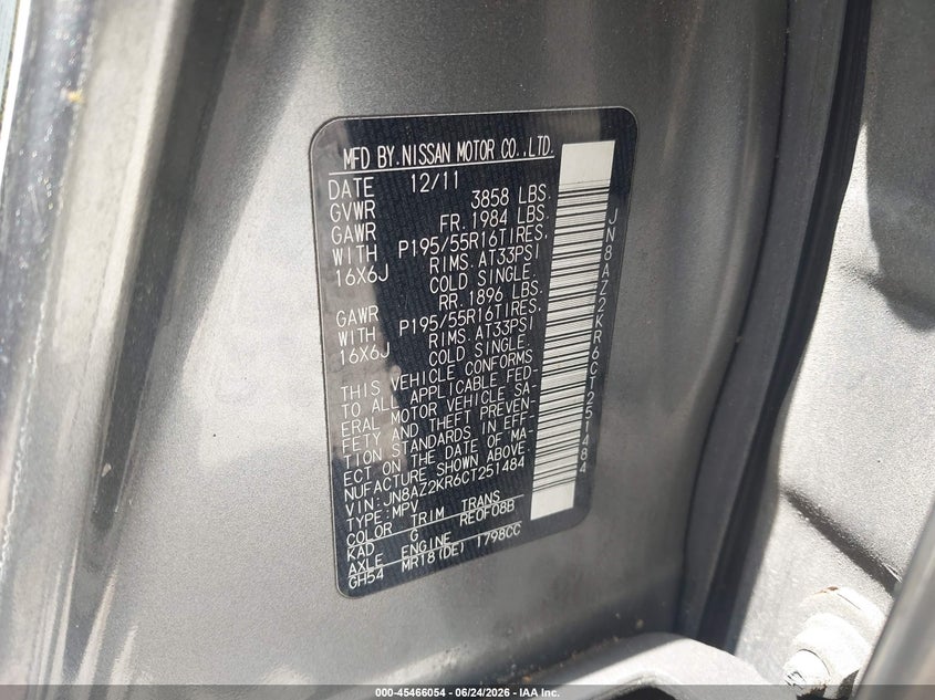 2012 Nissan Cube VIN JN8AZ2KR6CT251484 IAAI salvage auction — NORMAL WEAR, Clear (Pennsylvania), sold $350 on 2026-07-28 (photo 9)
