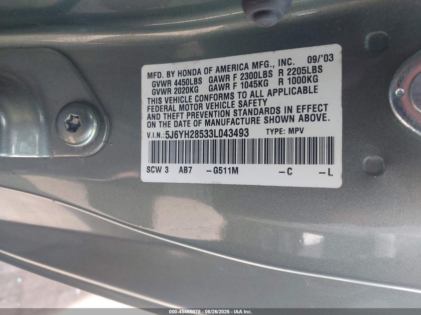 2003 Honda Element VIN 5J6YH28533L043493 IAAI salvage auction — UNKNOWN, Clear (Virginia), sold $1,150 on 2026-07-09 (photo 9)