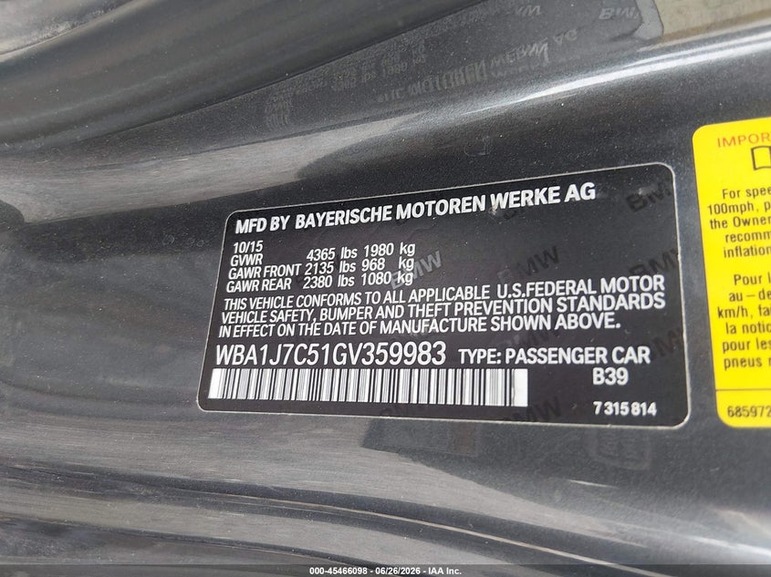 2016 BMW M2 VIN WBA1J7C51GV359983 IAAI salvage auction — RIGHT FRONT, Salvage (South Carolina), sold $1,900 on 2026-08-02 (photo 9)
