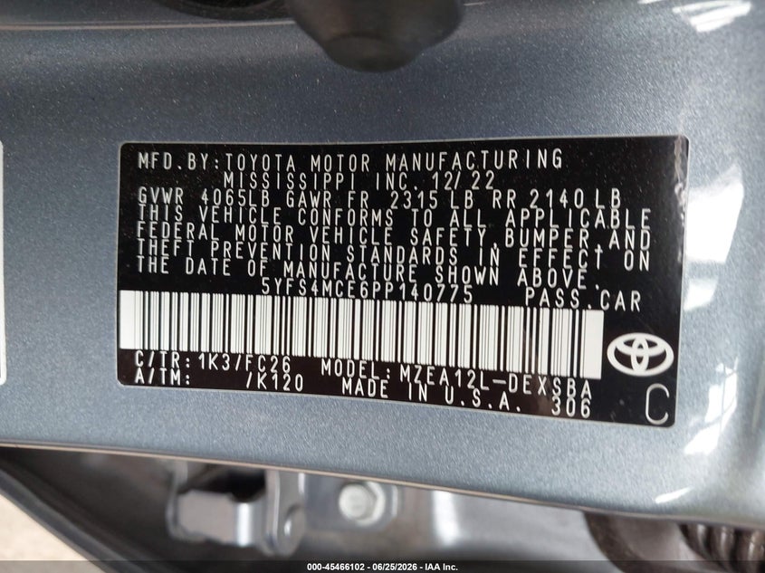 2023 Toyota Corolla VIN 5YFS4MCE6PP140775 IAAI salvage auction — FRONT END, Salvage (Texas), sold $2,650 on 2026-08-02 (photo 9)