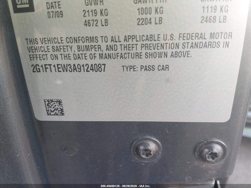 2010 Chevrolet Camaro VIN 2G1FT1EW3A9124087 IAAI salvage auction — SIDE, Salvage (South Carolina), sold $4,300 on 2026-07-19 (photo 9)