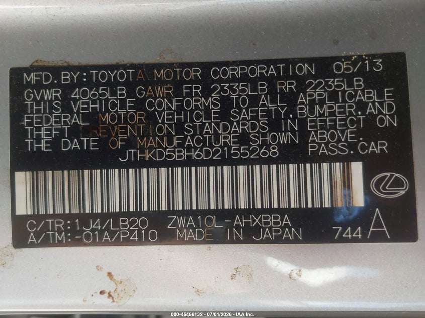 2013 Lexus Ct VIN JTHKD5BH6D2155268 IAAI salvage auction — ELECTRICAL, Salvage (Texas), sold $2,050 on 2026-07-15 (photo 9)