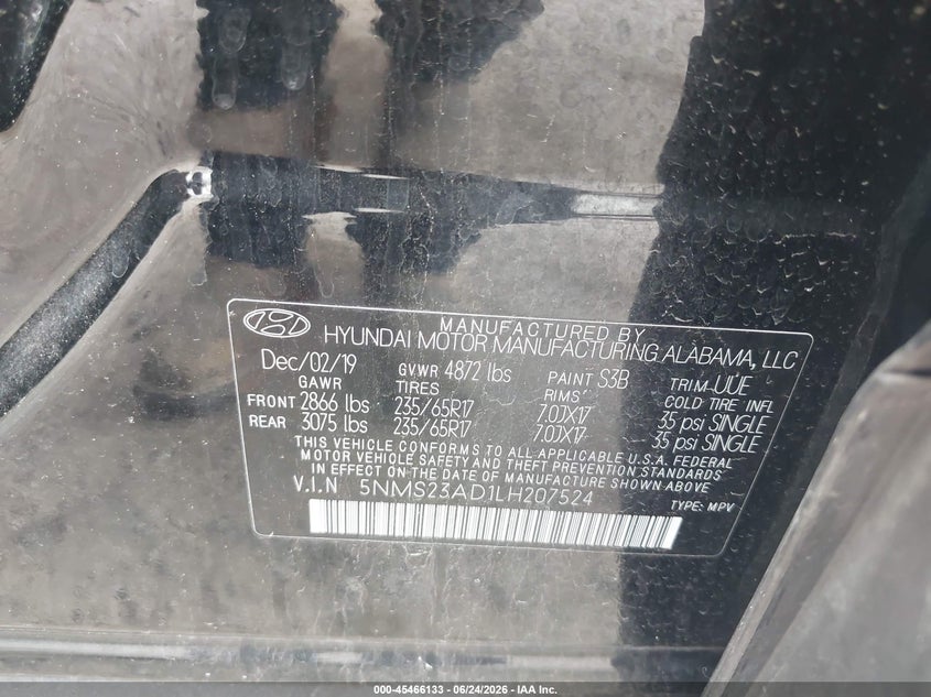 2020 Hyundai Santa fe VIN 5NMS23AD1LH207524 IAAI salvage auction — FRONT END, Salvage (Texas), sold $1,700 on 2026-07-09 (photo 9)