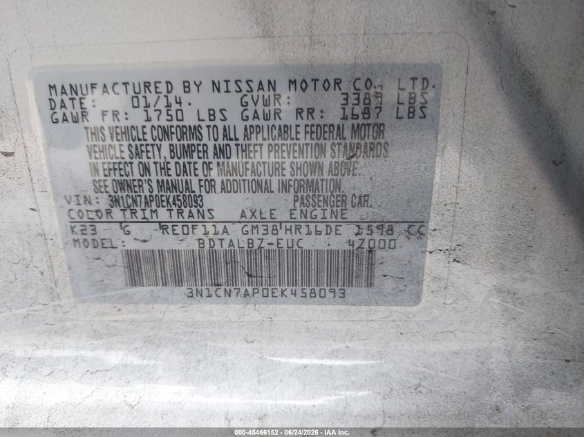 2014 Nissan Versa VIN 3N1CN7AP0EK458093 IAAI salvage auction — NORMAL WEAR, Salvage (California), sold $475 on 2026-07-09 (photo 9)