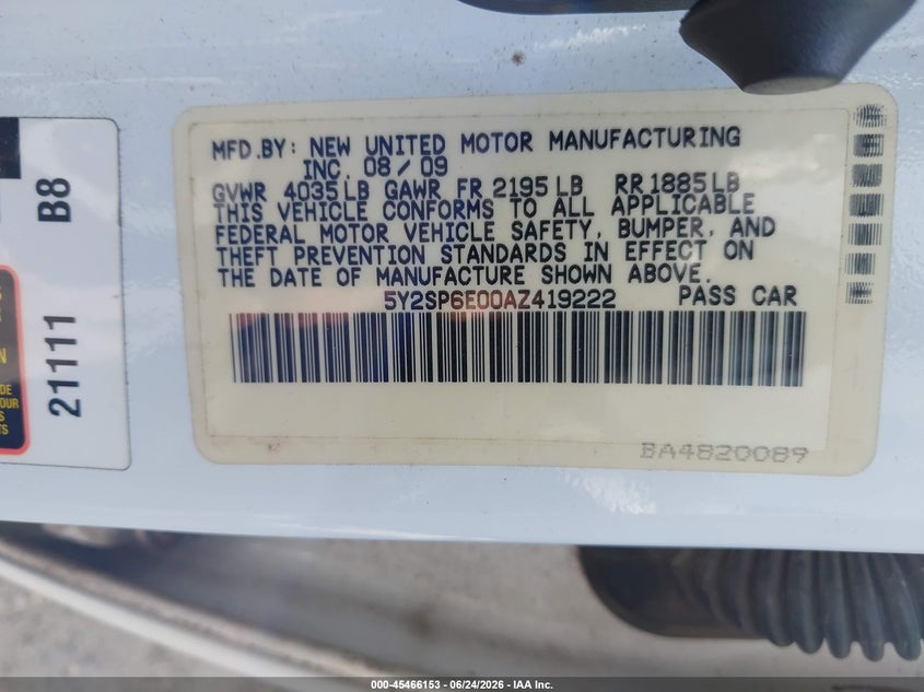 2010 Pontiac Vibe VIN 5Y2SP6E00AZ419222 IAAI salvage auction — NORMAL WEAR, Original (Texas), sold $250 on 2026-07-20 (photo 9)