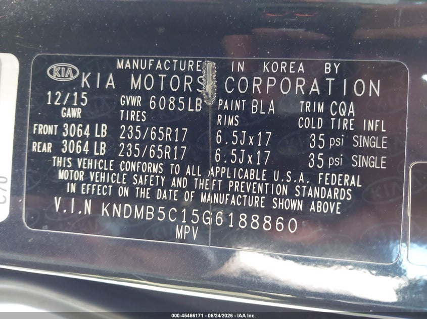 2016 Kia SEDONA VIN KNDMB5C15G6188860 IAAI salvage auction — FRONT & REAR, Salvage (Idaho), sold $125 on 2026-07-21 (photo 9)