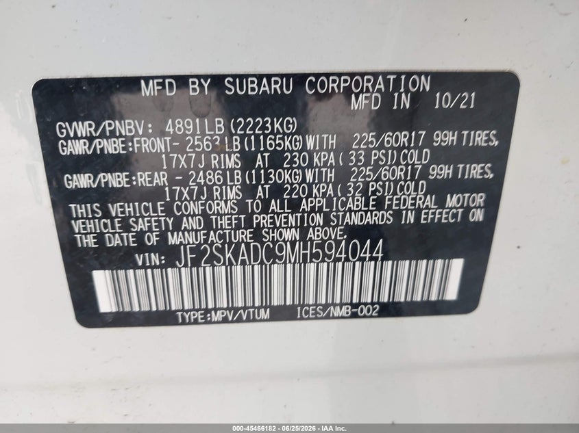 2021 Subaru Forester VIN JF2SKADC9MH594044 IAAI salvage auction — FRONT END, Salvage (Wisconsin), sold $4,550 on 2026-07-26 (photo 9)