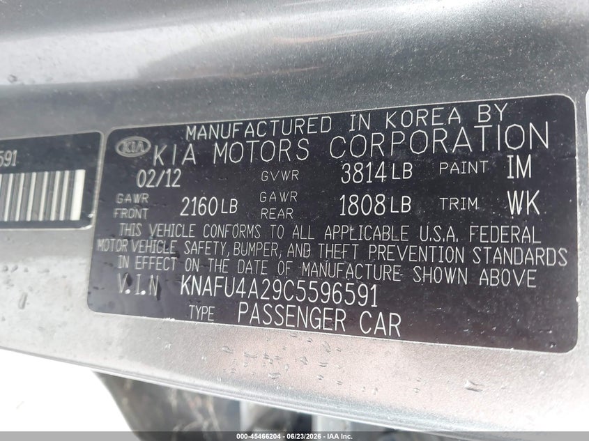 2012 Kia Forte VIN KNAFU4A29C5596591 IAAI salvage auction — NORMAL WEAR, Clear (Virginia), sold $600 on 2026-07-14 (photo 9)