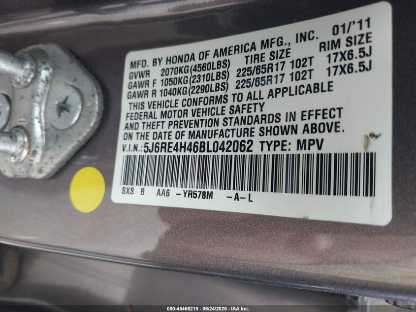 2011 Honda Cr-v VIN 5J6RE4H46BL042062 IAAI salvage auction — NORMAL WEAR, Clear-Dealer Only (North Carolina), sold $1,550 on 2026-07-27 (photo 9)