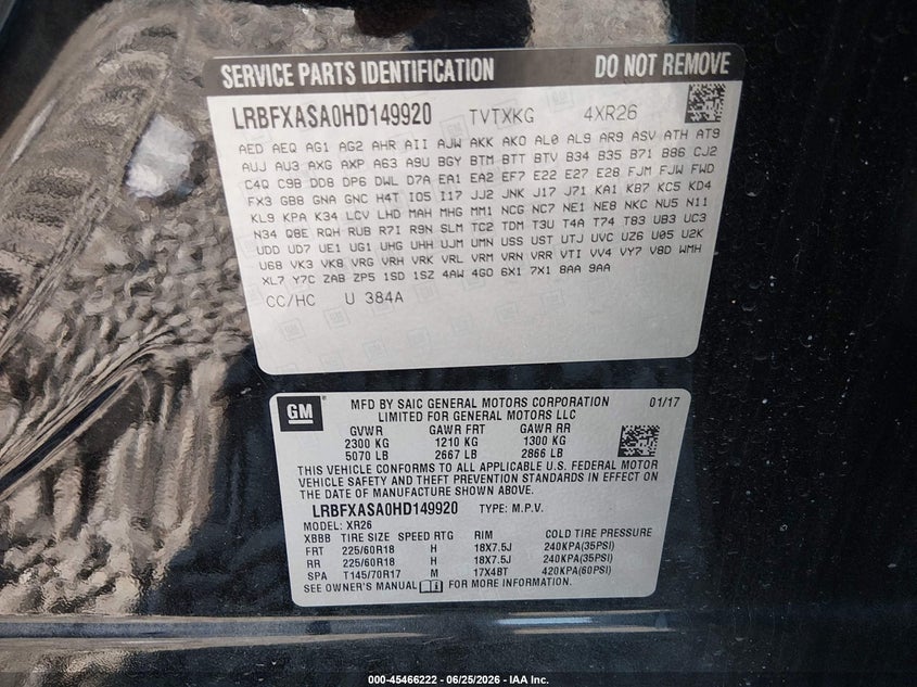 2017 Buick Envision VIN LRBFXASA0HD149920 IAAI salvage auction — SIDE, Salvage (Tennessee), sold $1,600 on 2026-07-23 (photo 9)