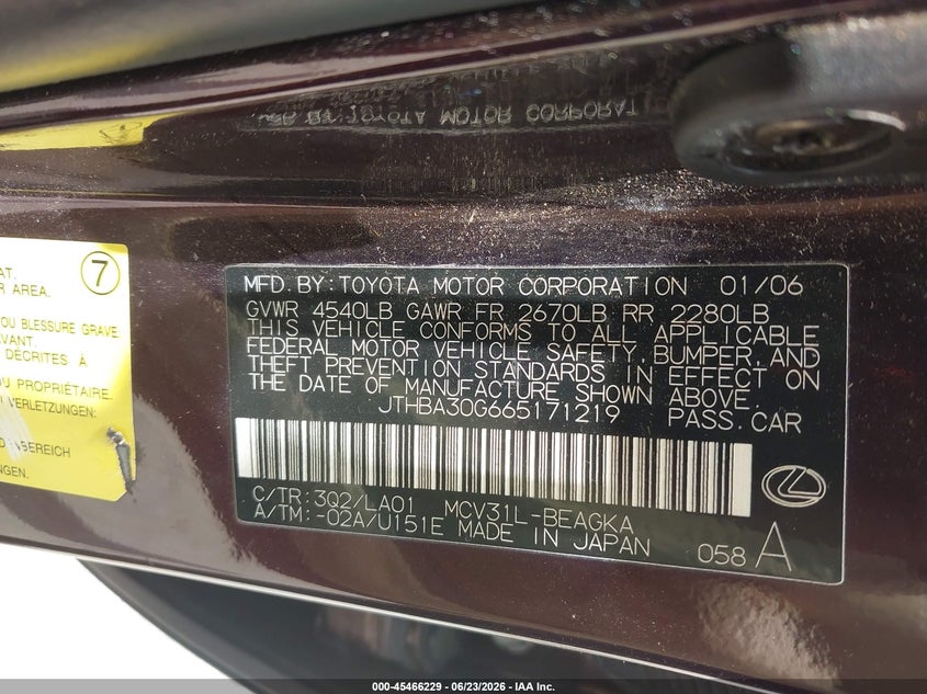 2006 Lexus Es 330 VIN JTHBA30G665171219 IAAI salvage auction — NORMAL WEAR, Clear (Florida), sold $375 on 2026-07-22 (photo 9)