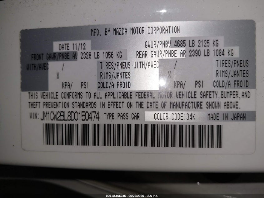 2013 Mazda 5 VIN JM1CW2BL8D0150474 IAAI salvage auction — REAR END, Mv-907A (New York), sold $1,300 on 2026-07-10 (photo 9)