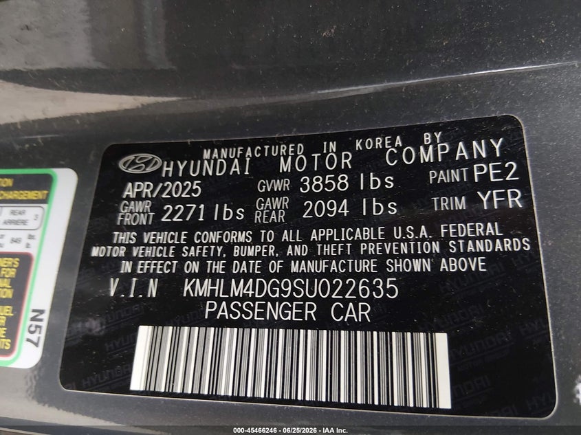 2025 Hyundai Elantra VIN KMHLM4DG9SU022635 IAAI salvage auction — SIDE, Salvage Title, sold $4,250 on 2026-07-31 (photo 9)