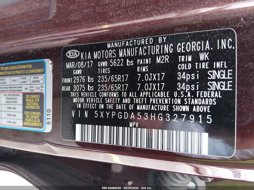 2017 Kia Sorento VIN 5XYPGDA53HG327915 IAAI salvage auction — FRONT END, Clear (Pennsylvania), sold $3,100 on 2026-07-15 (photo 9)