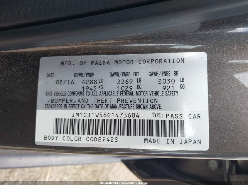 2016 Mazda 6 VIN JM1GJ1W56G1473684 IAAI salvage auction — FRONT & REAR, Junk Bill Of Sale Mv2459 (Wisconsin), sold $425 on 2026-07-28 (photo 9)