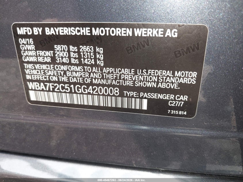 2016 BMW 7er VIN WBA7F2C51GG420008 IAAI salvage auction — LEFT SIDE, Salvage (Oklahoma), sold $1,500 on 2026-07-28 (photo 9)