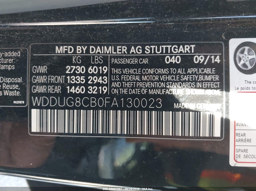 2015 Mercedes-benz S-klasse VIN WDDUG8CB0FA130023 IAAI salvage auction — REAR END, Salvage Title, sold $6,000 on 2026-07-31 (photo 9)