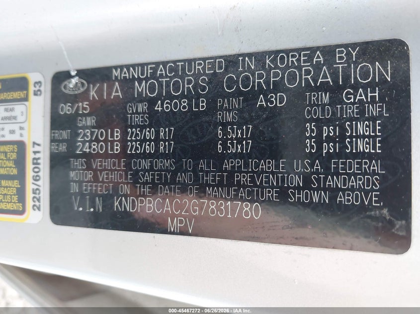 2016 Kia Sportage VIN KNDPBCAC2G7831780 IAAI salvage auction — NORMAL WEAR, Clear (New York), sold $1,000 on 2026-07-16 (photo 9)