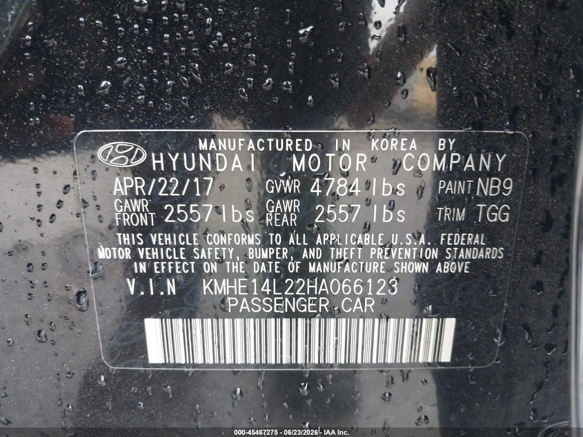 2017 Hyundai Sonata hybrid VIN KMHE14L22HA066123 IAAI salvage auction — ALL OVER, Sf97 (New Hampshire), sold $8,300 on 2026-07-23 (photo 9)