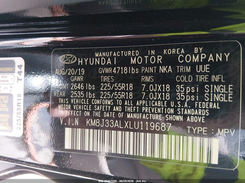 2020 Hyundai Tucson VIN KM8J33ALXLU119687 IAAI salvage auction — NORMAL WEAR, Salvage Title, sold $1,550 on 2026-07-29 (photo 9)
