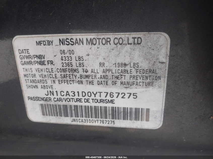 2000 Nissan Maxima VIN JN1CA31D0YT767275 IAAI salvage auction — FRONT & REAR, Rebuildable (Florida), sold $350 on 2026-07-20 (photo 9)