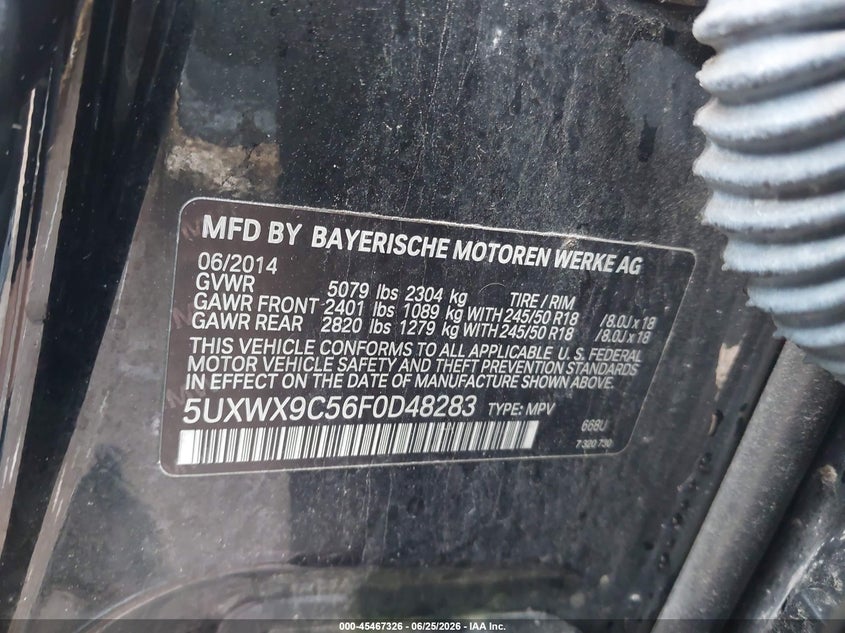 2015 BMW X3 VIN 5UXWX9C56F0D48283 IAAI salvage auction — NORMAL WEAR, Clear (Michigan), sold $1,200 on 2026-08-01 (photo 9)