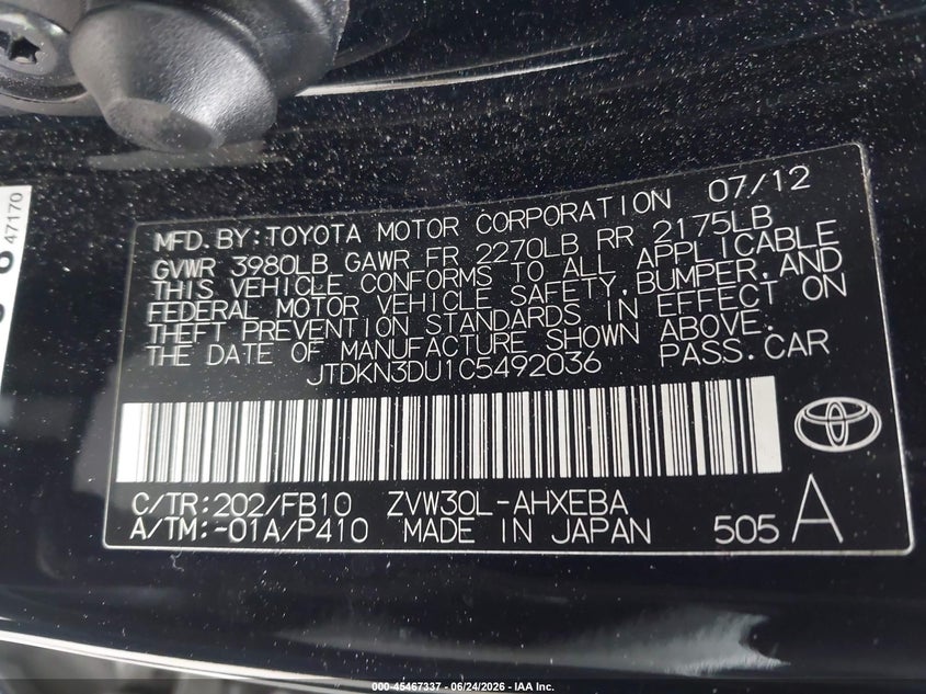 2012 Toyota Prius VIN JTDKN3DU1C5492036 IAAI salvage auction — FRONT END, Salvage (California), sold $975 on 2026-07-27 (photo 9)