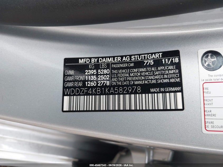 2019 Mercedes-benz E-klasse VIN WDDZF4KB1KA582978 IAAI salvage auction — FRONT END, Salvage Title, sold $7,000 on 2026-08-06 (photo 9)