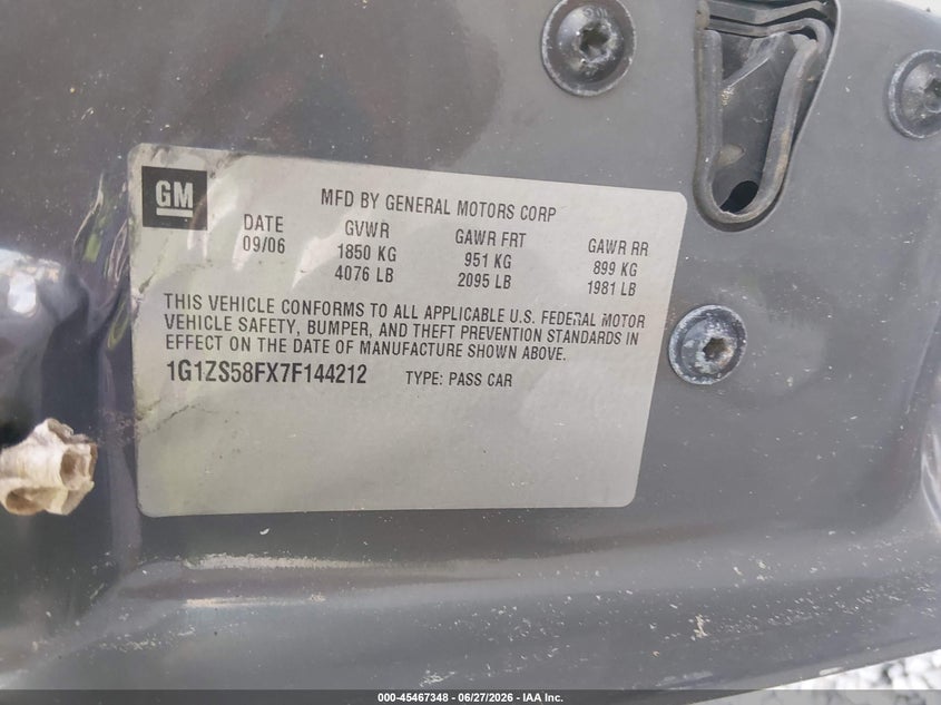 2007 Chevrolet Malibu VIN 1G1ZS58FX7F144212 IAAI salvage auction — NORMAL WEAR, Clear (Alabama), sold $250 on 2026-07-09 (photo 9)