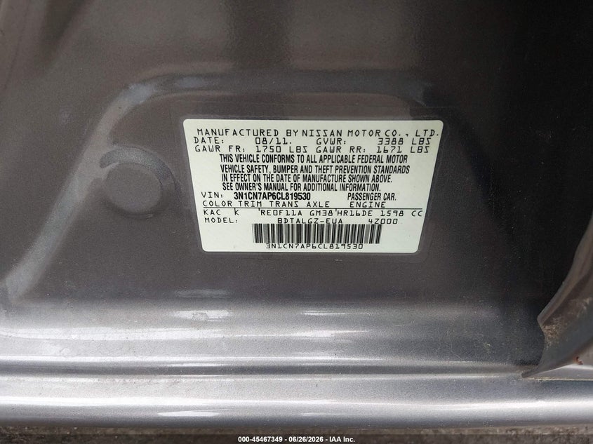 2012 Nissan Versa VIN 3N1CN7AP6CL819530 IAAI salvage auction — SIDE, Salvage Title, sold $300 on 2026-07-19 (photo 9)