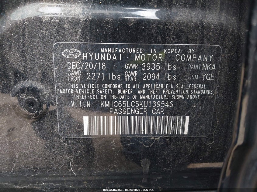 2019 Hyundai VIN KMHC65LC5KU139546 IAAI salvage auction — NORMAL WEAR, Clear - Dealer Only (California), sold $1,950 on 2026-07-13 (photo 9)