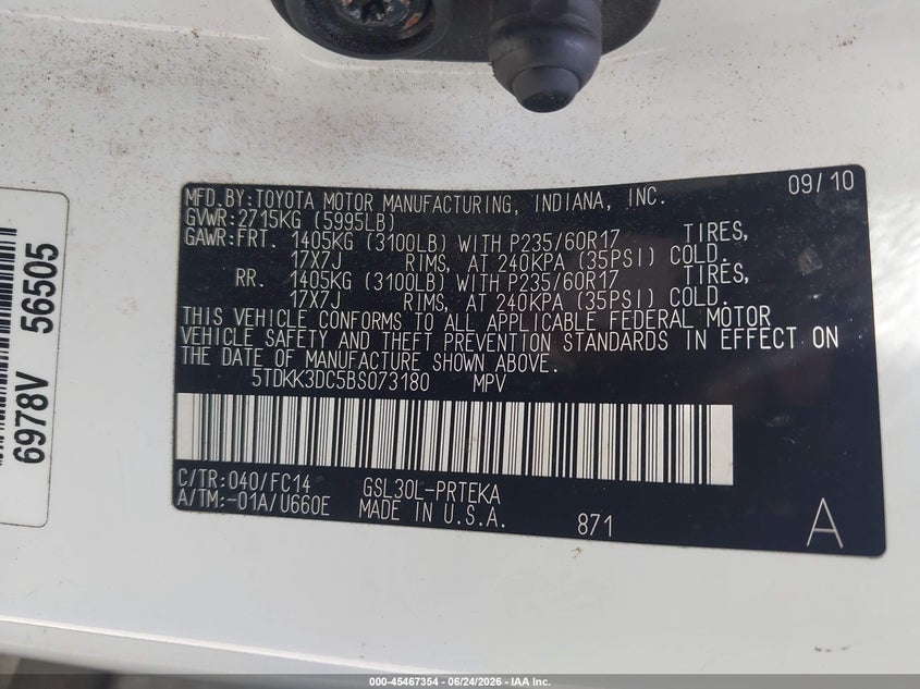 2011 Toyota Sienna VIN 5TDKK3DC5BS073180 IAAI salvage auction — FRONT END, Salvage (Georgia), sold $25 on 2026-07-31 (photo 9)