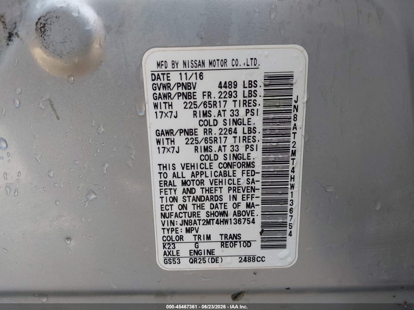 2017 Nissan Rogue VIN JN8AT2MT4HW136754 IAAI salvage auction — NORMAL WEAR, Clear - Dealer Only (California), sold $1,400 on 2026-07-29 (photo 9)