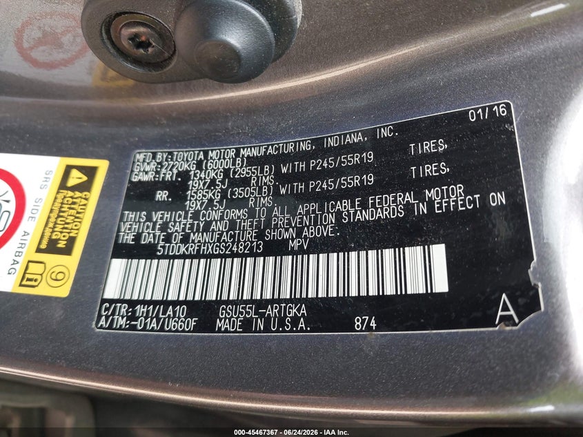 2016 Toyota Highlander VIN 5TDDKRFHXGS248213 IAAI salvage auction — LEFT SIDE, Salvage Title, sold $6,200 on 2026-07-30 (photo 9)