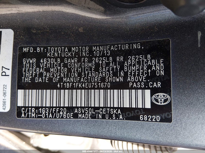 2014 Toyota Camry VIN 4T1BF1FK4EU751670 IAAI salvage auction — NORMAL WEAR, Clear - Dealer Only (California), sold $1,675 on 2026-07-09 (photo 9)