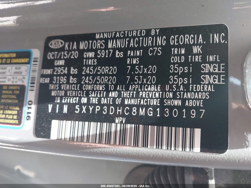 2021 Kia Telluride VIN 5XYP3DHC8MG130197 IAAI salvage auction — HAIL, Wait Title, sold $8,000 on 2026-08-26 (photo 9)
