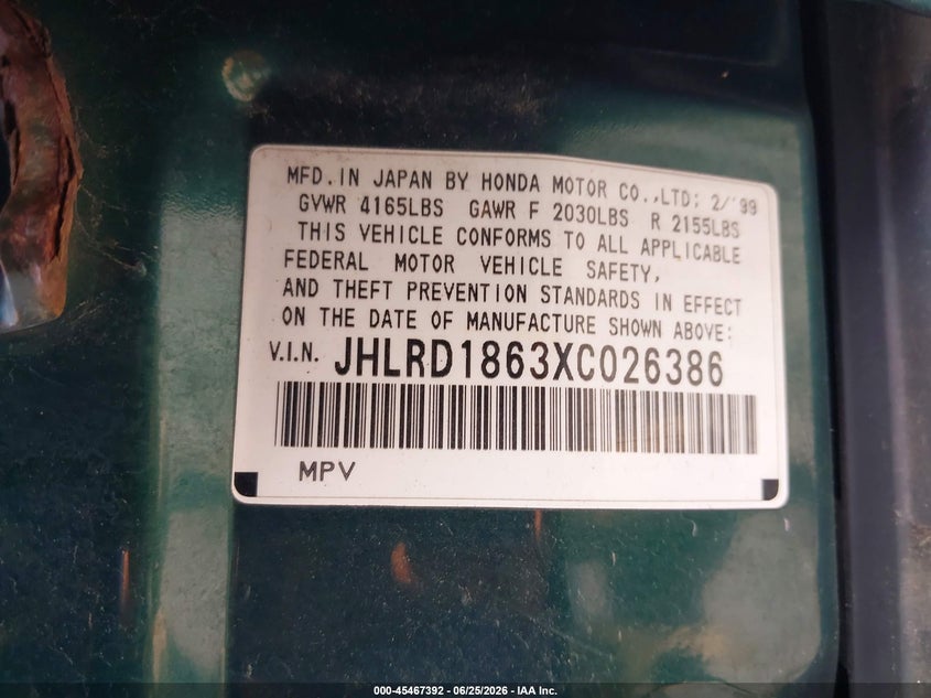 1999 Honda Cr-v VIN JHLRD1863XC026386 IAAI salvage auction — NORMAL WEAR, Original (Ohio), sold $1,550 on 2026-07-14 (photo 9)