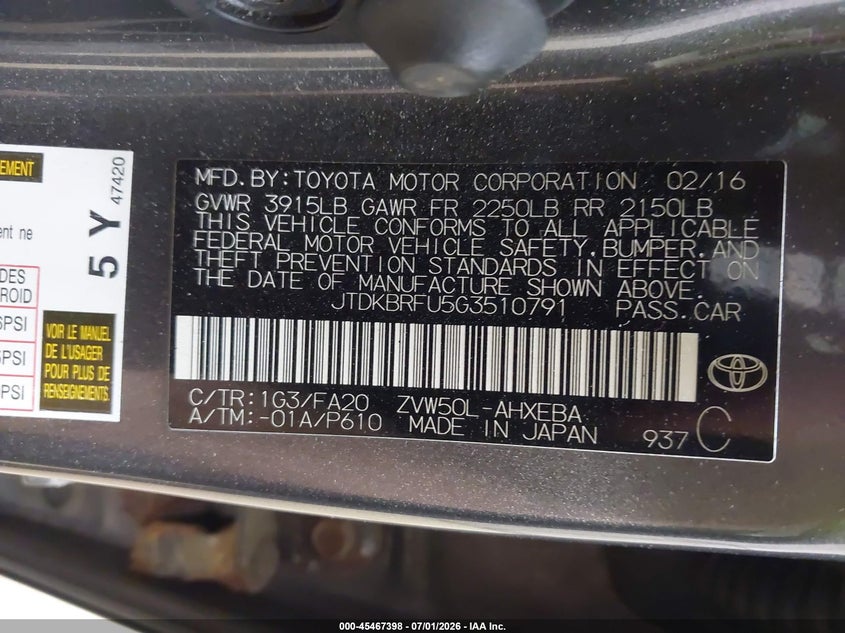 2016 Toyota Prius VIN JTDKBRFU5G3510791 IAAI salvage auction — FRONT END, Salvage (Pennsylvania), sold $2,725 on 2026-07-30 (photo 9)