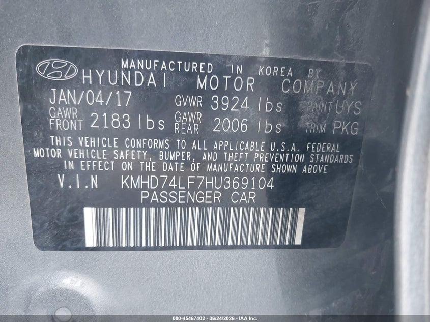 2017 Hyundai Elantra VIN KMHD74LF7HU369104 IAAI salvage auction — LEFT FRONT, Salvage Title, sold $1,250 on 2026-07-23 (photo 9)